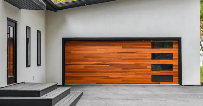 Modern wood-look garage door with vertical windows